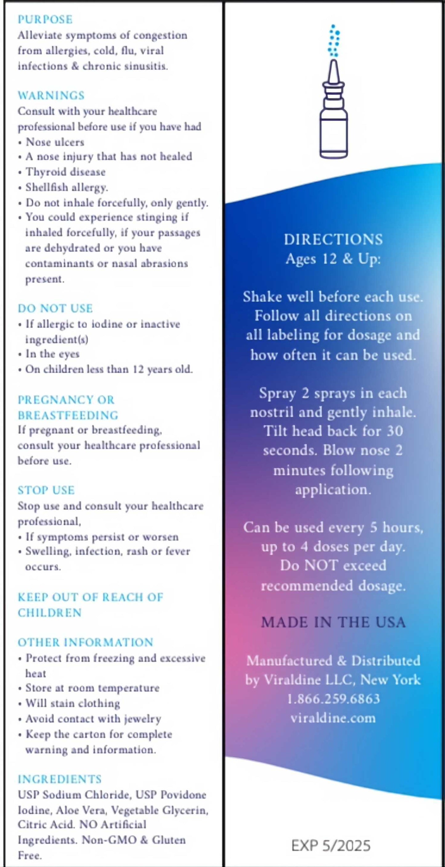 1 % Povidone Iodine Nasal Spray Daily Relief Formula 100 Applications