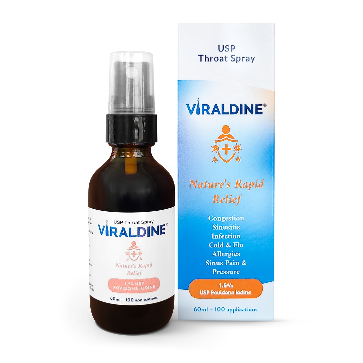 Viraldine 1.5% Povidone-Iodine Throat Spray Rapid Relief Formula  100 Applications